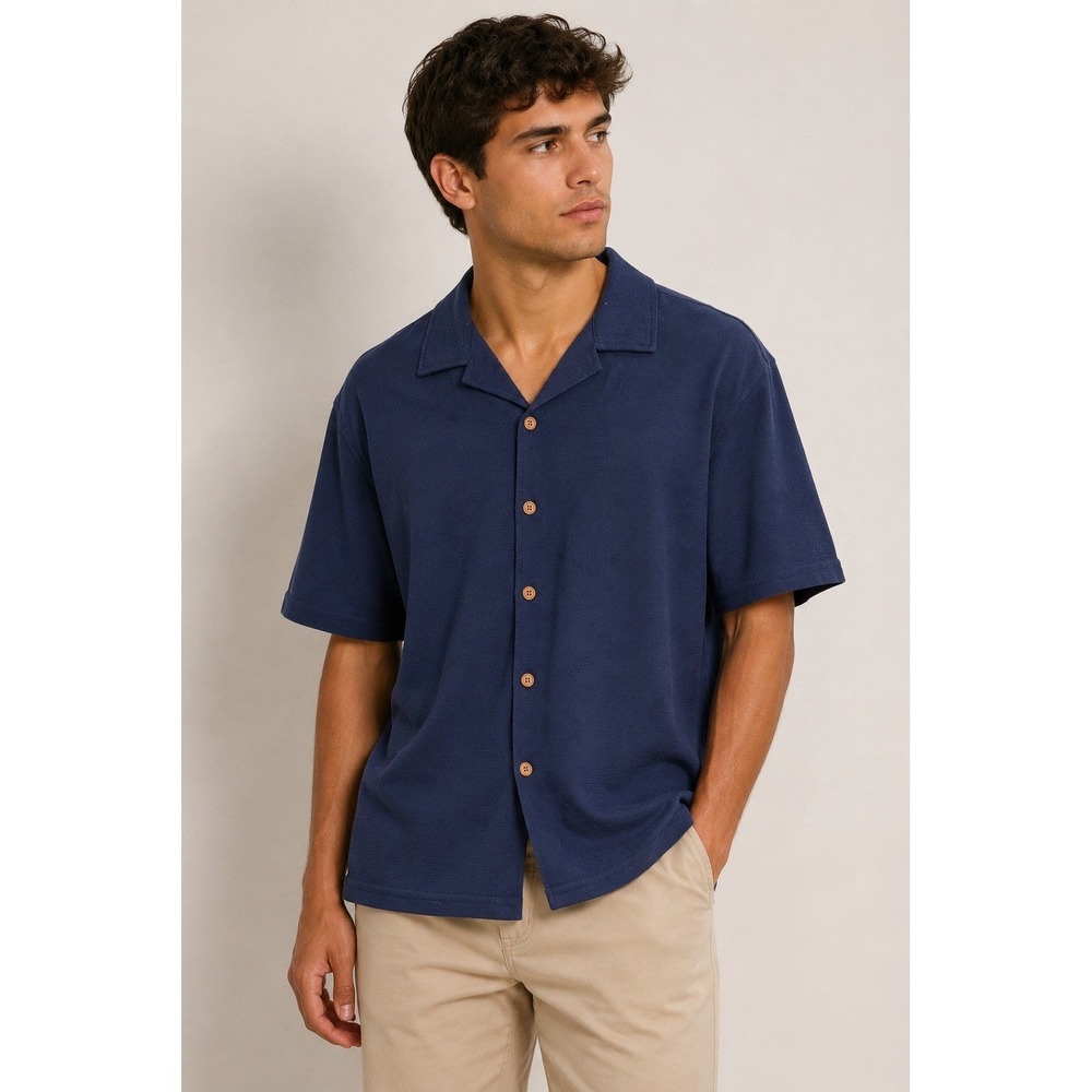 Belforte Black Men's Navy Textured Camp Collar Button Front Shirt Size L NWT